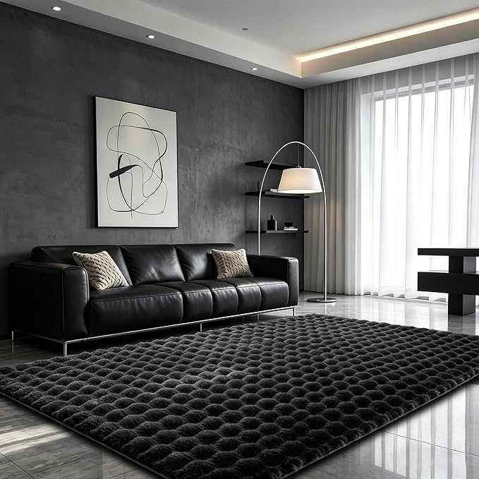 Black Rabbit Plush Rug 4'x6', Fluffy Shaggy Area Rug by CHOVY