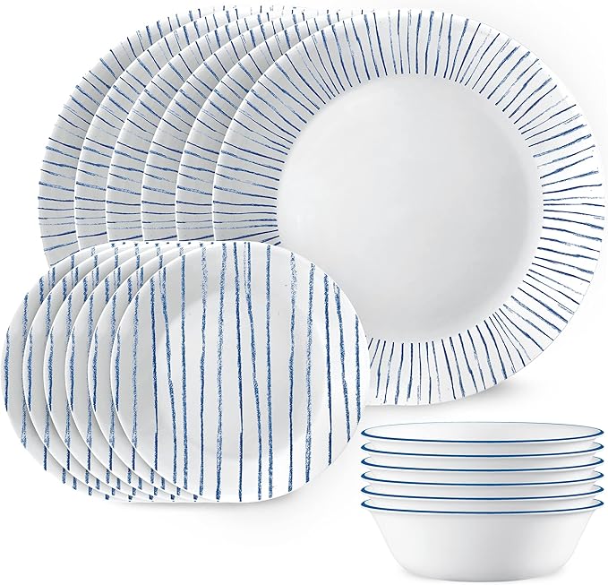 Corelle 18-Piece Dinnerware Set Service for 6, Lightweight Round Plates and Bowls Set, Vitrelle Triple Layer Glass, Chip Resistant, Microwave and Dishwasher Safe, Nautical Stripes