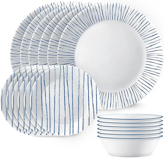 Corelle 18-Piece Dinnerware Set Service for 6, Lightweight Round Plates and Bowls Set, Vitrelle Triple Layer Glass, Chip Resistant, Microwave and Dishwasher Safe, Nautical Stripes