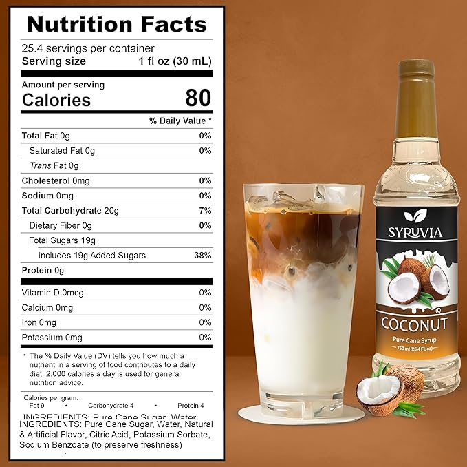 Syruvia Coconut Coffee Syrup – 25.4 fl oz – Syrup for Coffee, Lattes, Shakes, Smoothies, Desserts – 100% Vegan, Gluten Free, Kosher (Pack of 2)