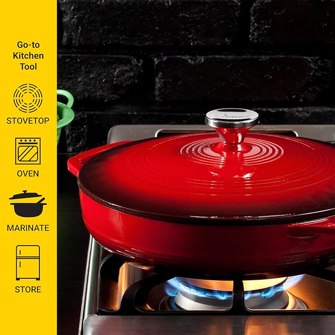 Lodge 3.6 Quart Enameled Cast Iron Oval Casserole With Lid– Dual Handles – Oven Safe up to 500° F or on Stovetop - Use to Marinate, Cook, Bake, Refrigerate and Serve – Island Spice Red