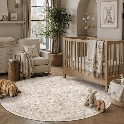 Schweek 6ft Round Area Rug Washable Neutral Non-Slip Living Room Rug Beige | by Schweek