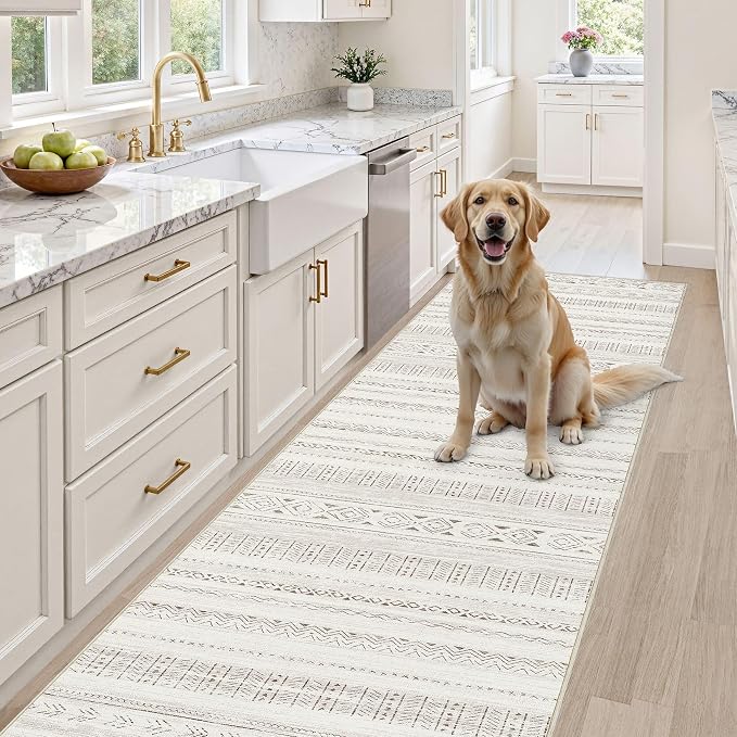 cotiled Hallway 2.6x8 Runner Rugs Washable Boho Rug Brown/Cream | Stain - Image 4