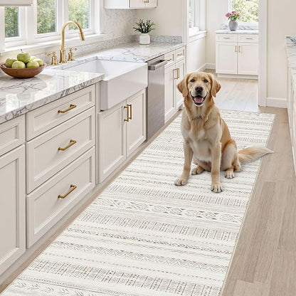 cotiled Hallway 2.6x8 Runner Rugs Washable Boho Rug Brown/Cream | Stain - Image 4