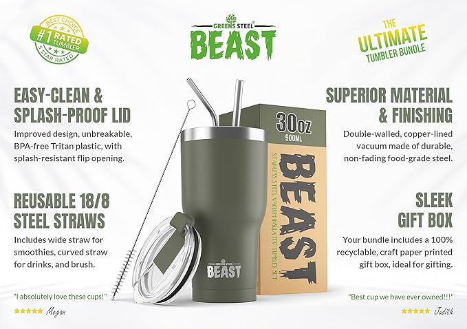 Beast 30 oz Tumbler Stainless Steel Vacuum Insulated Coffee Ice Cup Double Wall Travel Flask (Army Green)