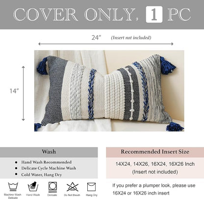 Decorative Lumbar Throw Pillow Cover 14x24 Boho Dark Blue Accent Cushion - Image 5