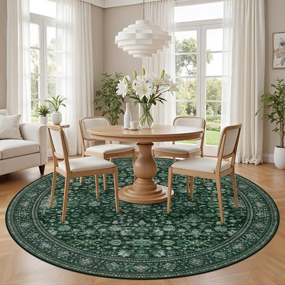 Round Area Rug for Living Room: 8ft Boho Washable Rug Deep Green | Vintage Boho - Image 3