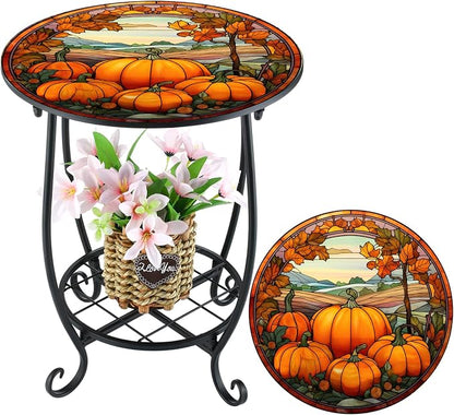 Cinnvoice Outdoor Side Table Round Small Mosaic Patio Accent Indoor End Plant - Image 7