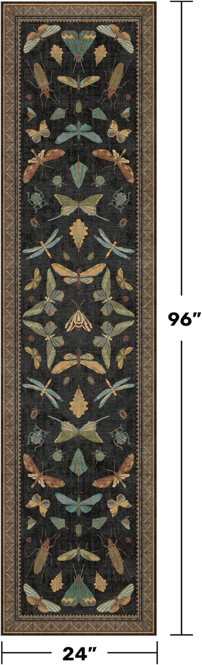 Vintage Insect 2x8 Black Entryway Runner Rug, Washable Non Slip Runners - Image 2