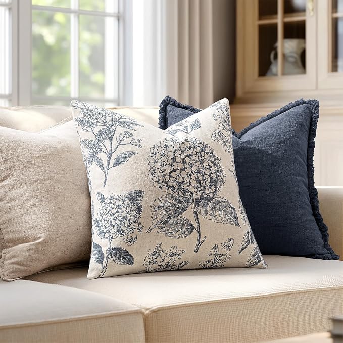 Set of 2 Decorative Floral Pillow Covers 16x16 Inch Light Blue | Neutral - Image 3