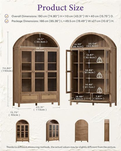 TYBOATLE 75'' Arched Cabinet Classic Farmhouse Design w/Three Glass Doors - Image 2