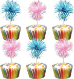 Gyufise 30Pcs Foil Firework Cupcake Toppers Sparkle Tinsel Cake Toppers Tinsel Drink Cake Decoration Cocktail Picks for Birthday Wedding Graduation Party Supplies Light Blue Pink