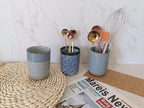 Stoneware Coffee Bar Utensil Holder Tea & Coffee Spoon & Stirrer Holder for Stir Stick Straw Teaspoon Holder Spoon Cup Small Utensil Jar (Blue Wave)