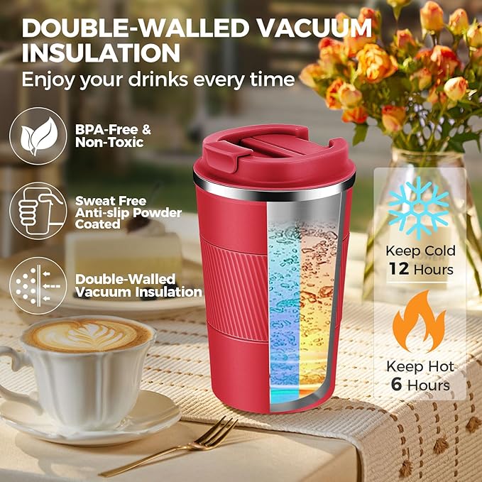 Volhoply 13 oz Stainless Steel Insulated Travel Coffee Mug with Fip Lid Bulk 8 Pack,Reusable Double Wall Vacuum Metal Coffee Cup,Portable Leak Proof Thermal Tumbler for Hot & Cold Drinks(Red,8)