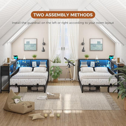 DICTAC Corner Bed Frame with 2 Storage Drawers and Bookcase Headboard Twin XL - Image 8