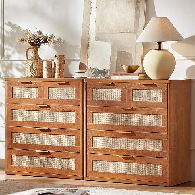 LEYAOYAO Rattan Dresser for Bedroom Set of 2, 33.5" Tall Chest of Drawers - Image 2