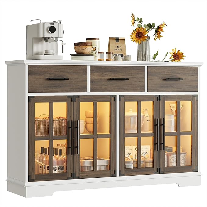IRONCK Buffet Cabinet with Storage, 55" Large Sideboard Buffet Storage with LED Lights, Farmhouse Coffee Bar Wood Liquor Cabinet for Kitchen, Dining Room, White and Oak