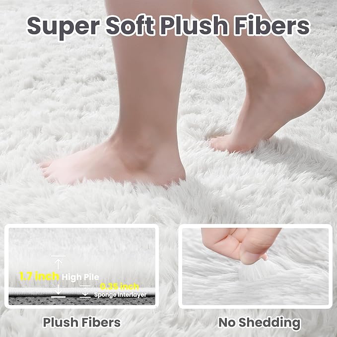 8x10 Fluffy Shag Area Rugs for Living Room Bedroom: Soft Plush Carpet White | - Image 8