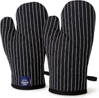 Encasa Homes Long 12" Oven Microwave Hand Gloves Mitts (2 pc Set) for Kitchen Cooking & Baking - Heat Resistant, Thick & Safe, Protection of Hands from Hot Utensils - Butcher Stripes Black