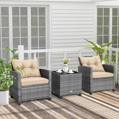 COSTWAY 3PCS Patio Furniture Set, PE Rattan Wicker Sofa w/Washable Cushion and - Image 2