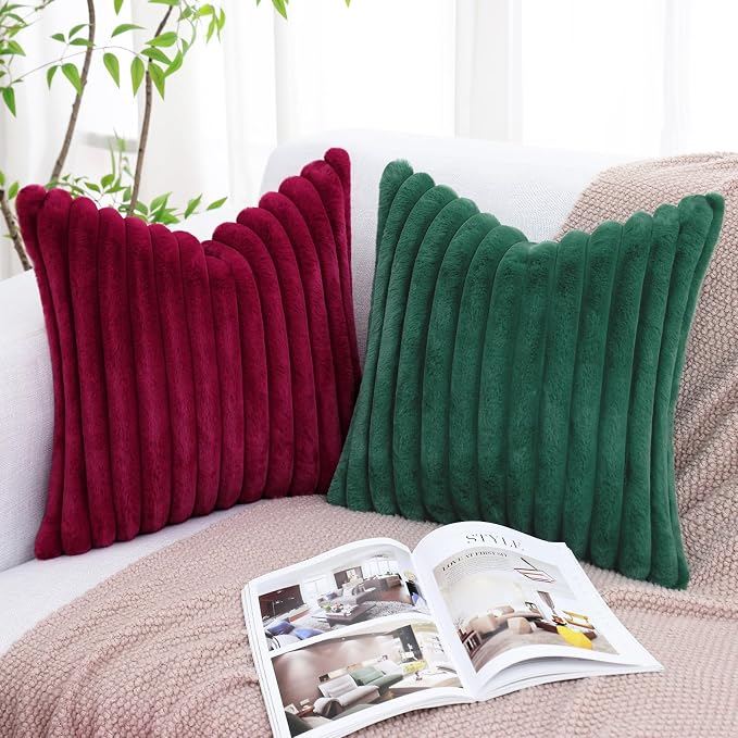 decorUhome Fall Faux Fur Throw Pillow Covers 16x16 Set of 2 Christmas Green | - Image 6