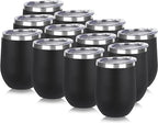DOMICARE Stainless Steel Wine Tumbler Bulk with Lid, Personalized Insulated Tumblers Set, 12oz Travel Coffee Cups Pack of 12, Black