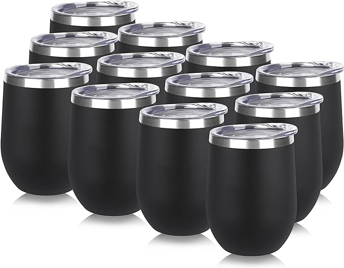 DOMICARE Stainless Steel Wine Tumbler Bulk with Lid, Personalized Insulated Tumblers Set, 12oz Travel Coffee Cups Pack of 12, Black