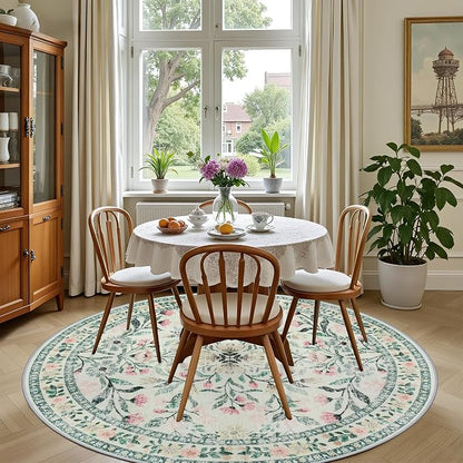 PLHXFR Round Area Rug Living Room: 6 ft Floral Washable Carpet Green Beige | - Image 4