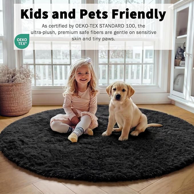 Black Round Area Rug 4ft, Soft Bedroom Circle Rugs Floor Mats - Image 5