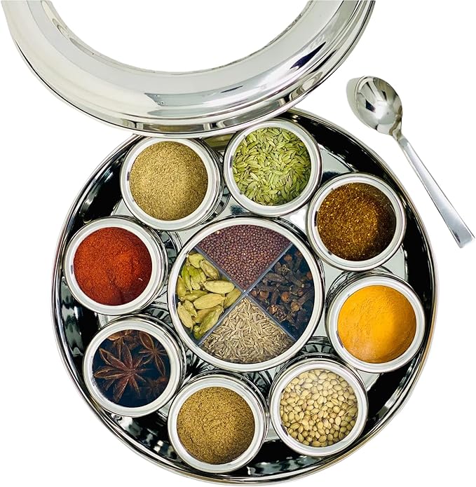 spice dabba Stainless Steel Indian Spice Box,Steel Masala Dabba 12 Spices,Lid Spice Box,Authentic Spices,Masala Box with Individual containers|Size 9 x 9 x 3 IN 3 LB (Indian Spice Box with Spices)