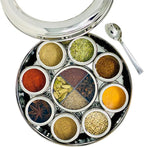 spice dabba Stainless Steel Indian Spice Box, Steel Masala Dabba 12 Spices, Lid Spice Box, Authentic Spices, Masala Box with Individual containers | Size 9 x 9 x 3 IN (Indian Spice Box Only)