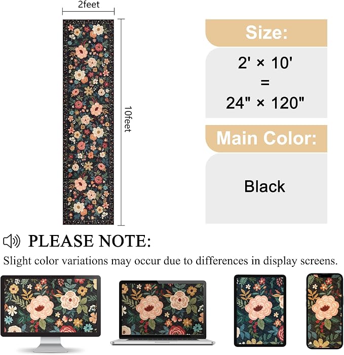 DUKINO 2x10 Runner Rug, Floral Washable Kitchen Runner Rug Non Slip, Low Pile - Image 2