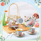 Zhehao 20 Pcs Porcelain Tea Set with Metal Holder and Spoon Adult Ceramic Tea Party Set European Flower Painting Teapot Cup Saucer Spoon Set for Women, Large Version(Vintage Style)