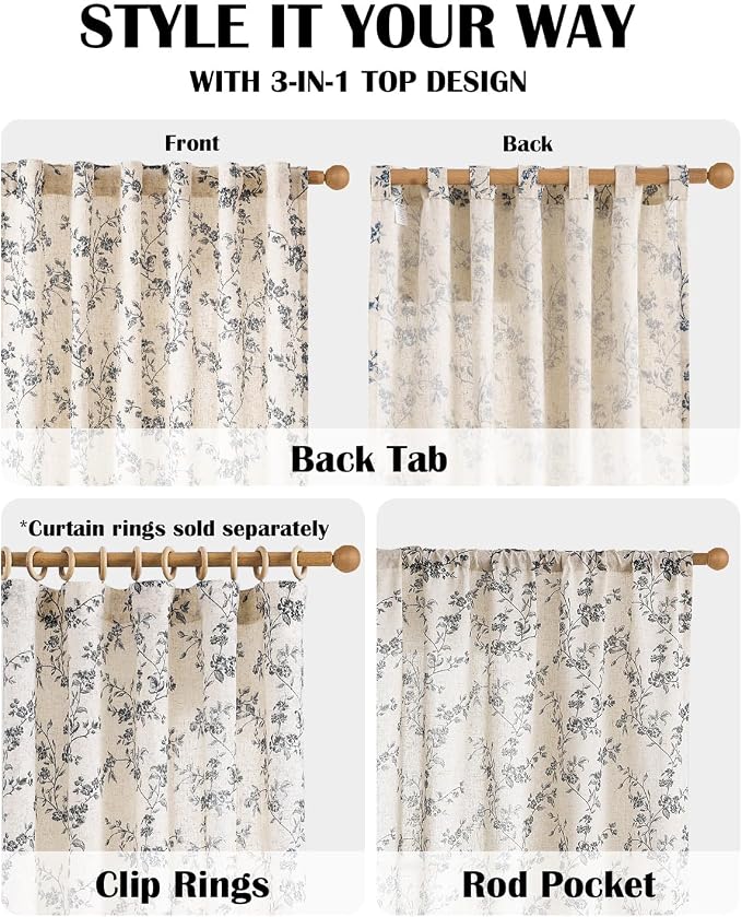 Black Vintage Floral Linen Curtains Farmhouse 38W X 96L 2 Panels | Elisa Series - Image 4