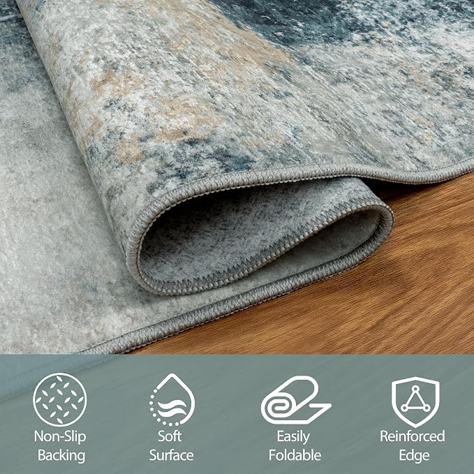 Runner Rugs for Hallways Kitchen 2.6x8 Non Slip Washable Teal Grey Gold | - Image 4