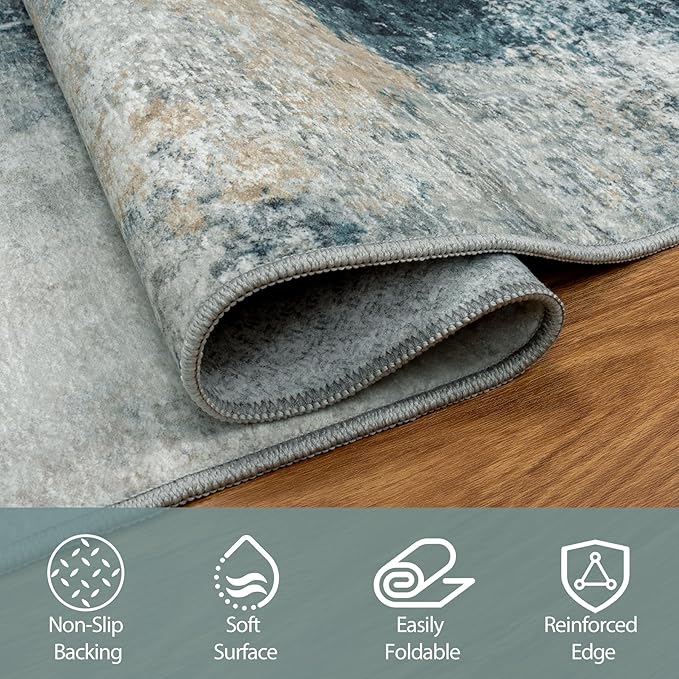 5x8 Area Rugs for Living Room Washable Bedroom Dining Room Teal Grey Gold | - Image 4