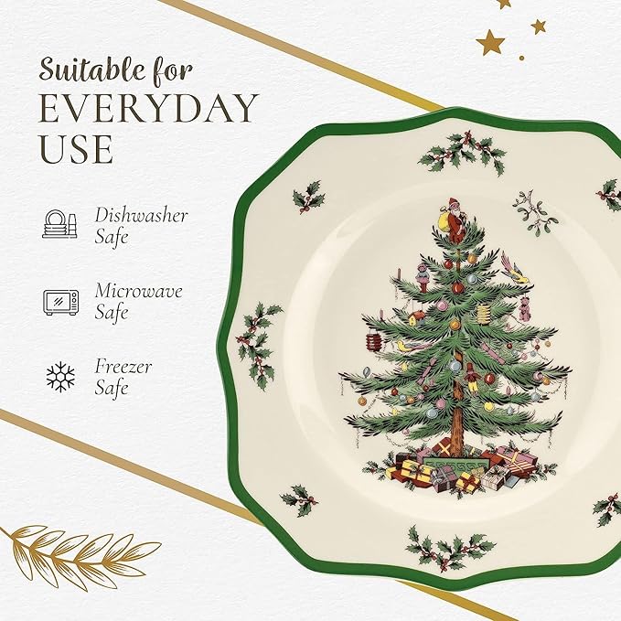 Spode Christmas Tree Scalloped Salad Plates (Set of 4) - Holiday-Themed Stoneware Appetizer Plate - 9 Inch Christmas Dinner Dish - Colorful Gifts & Mistletoe Accents - Dishwasher & Microwave Safe