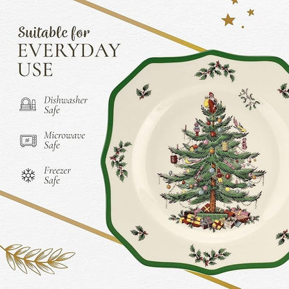 Spode Christmas Tree Scalloped Salad Plates (Set of 4) - Holiday-Themed Stoneware Appetizer Plate - 9 Inch Christmas Dinner Dish - Colorful Gifts & Mistletoe Accents - Dishwasher & Microwave Safe