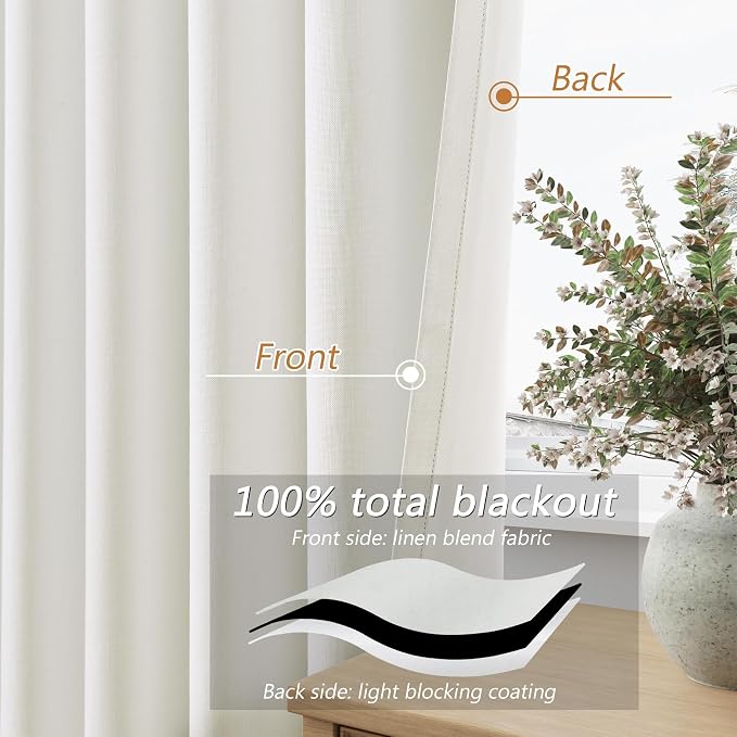 Ivory 100% Blackout Linen Curtains 126 Inch Length 2 Panels Set - Image 4