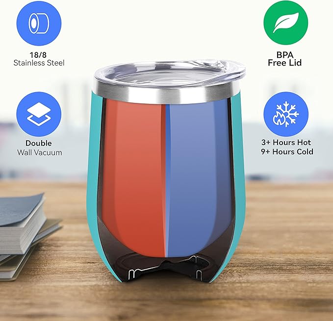 DOMICARE Stainless Steel Wine Tumbler Bulk with Lid, Personalized Insulated Tumblers Set, 12oz Travel Coffee Cups Pack of 4, Light Blue