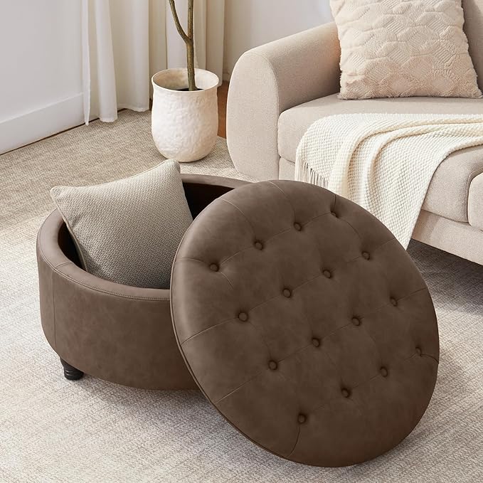 30-Inch Round Storage Ottoman, Button Tufted Ottoman Coffee Table - Image 6