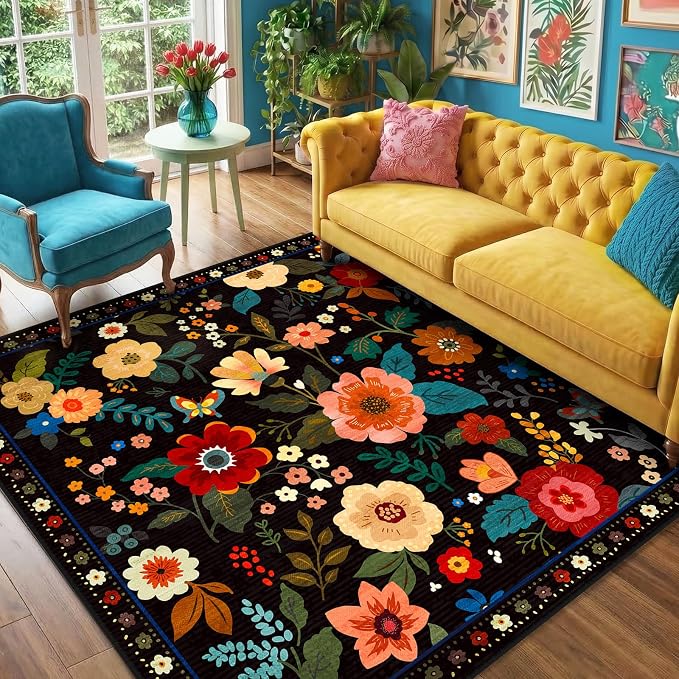 RELEANY Floral Washable Square 6ft Area Rug Black | Flower Carpet Print Boho by RELEANY