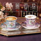 KAMMAK Tea Cups and Saucers Set of 2, Porcelain Coffee Cups with Saucer for Espresso, Cappuccino, 8oz Vintage Pink and Blue Ceramic Demitasse Mug for Home, Tea Party, Office