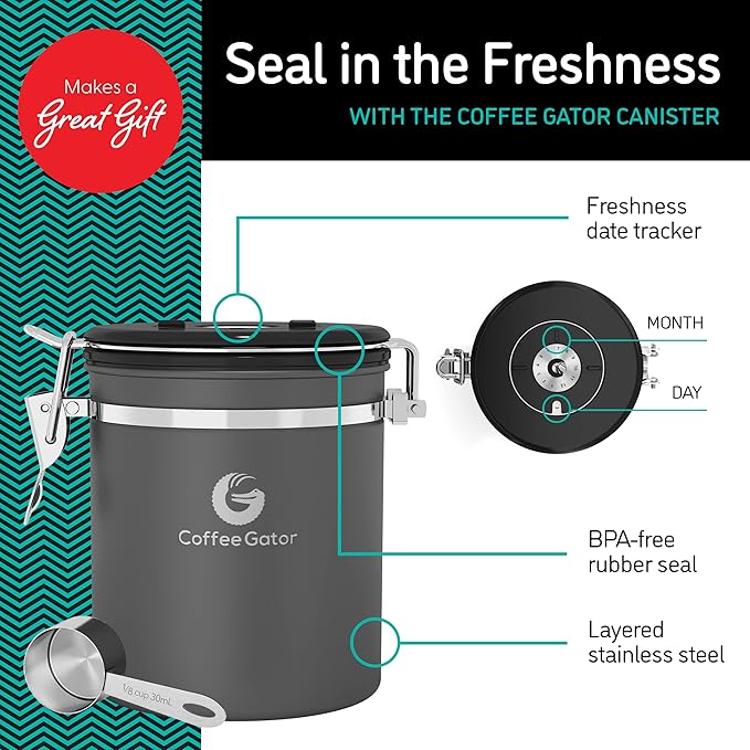 Coffee Gator Coffee Canister, 16oz Airtight Stainless Steel Kitchen Food Storage Container with Date Tracker, Scoop for Sugar,Grounds Coffee, Beans,Tea, Sugar, Cereal, Flour, Cookies Jars - Silver
