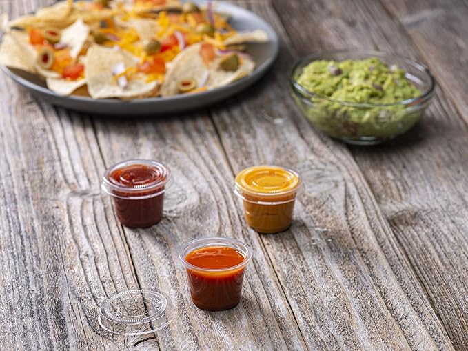 (1 oz - 100 Sets) Clear Diposable Plastic Portion Cups With Lids, Small Mini Containers For Portion Controll, Jello Shots, Meal Prep, Sauce Cups, Slime, Condiments,