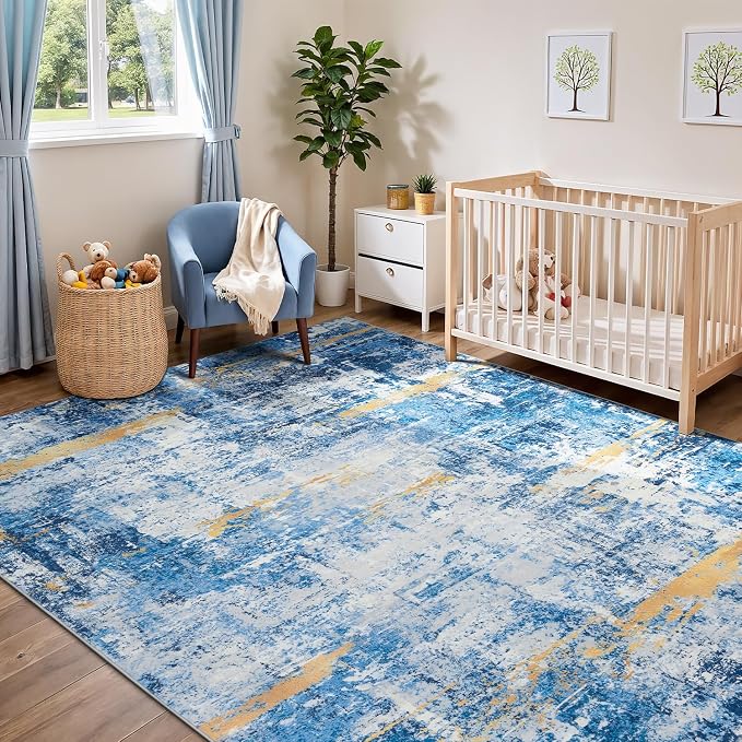 Rugflix 8x10 Area Rugs for Living Room, Washable Sky Blue Gold Large Rug | - Image 8