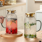 Glass Pitcher with Lid, 68 oz/2 Liter Vintage Water Pitcher, Clear Borosilicate Glass Water Carafe for Cold Brew, Coffee, Lemonade, Iced Tea, Juice, Beverage, Heat Resistant Water Glass Jug