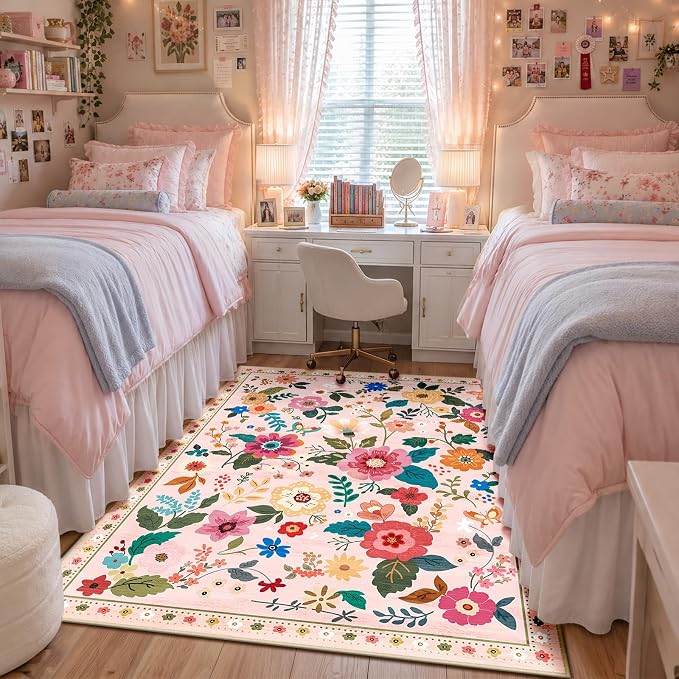 RELEANY Floral Washable 3x5 Area Rugs Pink | Flower Carpet Print Boho Cute Non by RELEANY