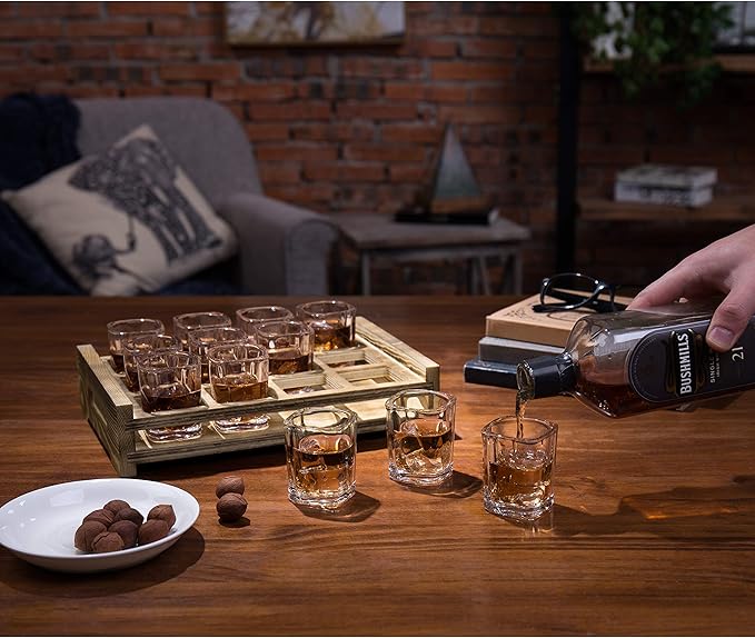 MyGift Shot Glass Serving Set Includes 12 Square Shot Glasses and Burnt Brown Wood Slotted Server Tray