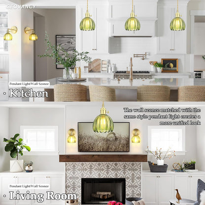 Vintage Gold Rechargeable Pendant Light with 70 Inch Cord and Exquisite Tulip Green Glass Shade for Kitchen Island, Living Room & Dining Room, Ideal Hanging Light for Multiple Spaces